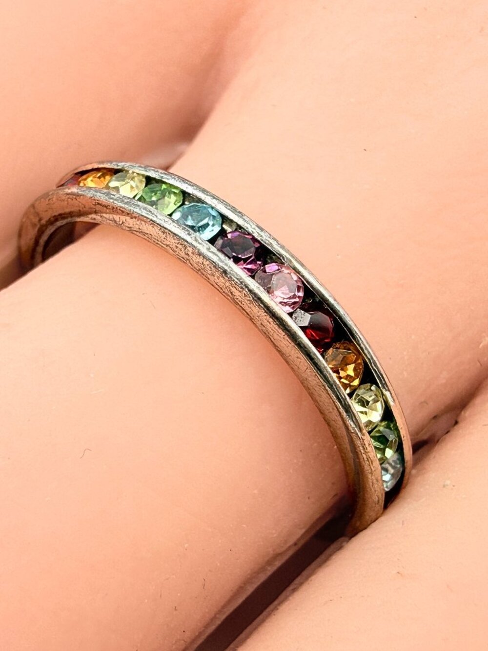 Charming Marked NF Sterling Silver Rainbow Glass Eternity Channel Ring Sz 9